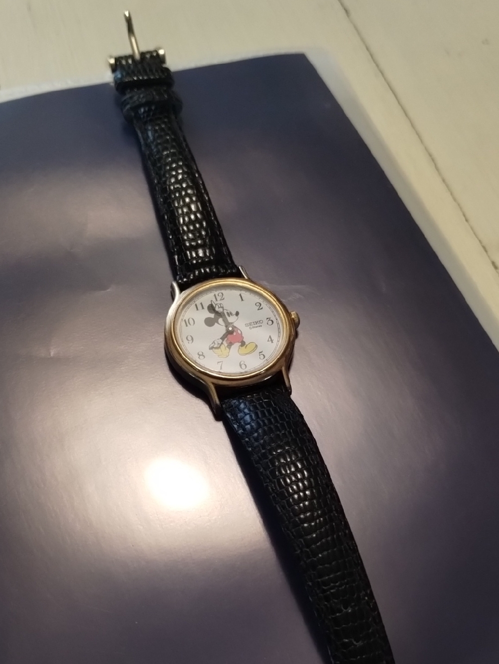 Disney Mickey Mouse Gold-Tone Watch with Black Strap and White Dial